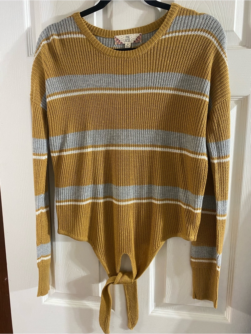 Pink Rose  Camel-Mustard and Light Gray Striped Tie-Front Crew Sweater